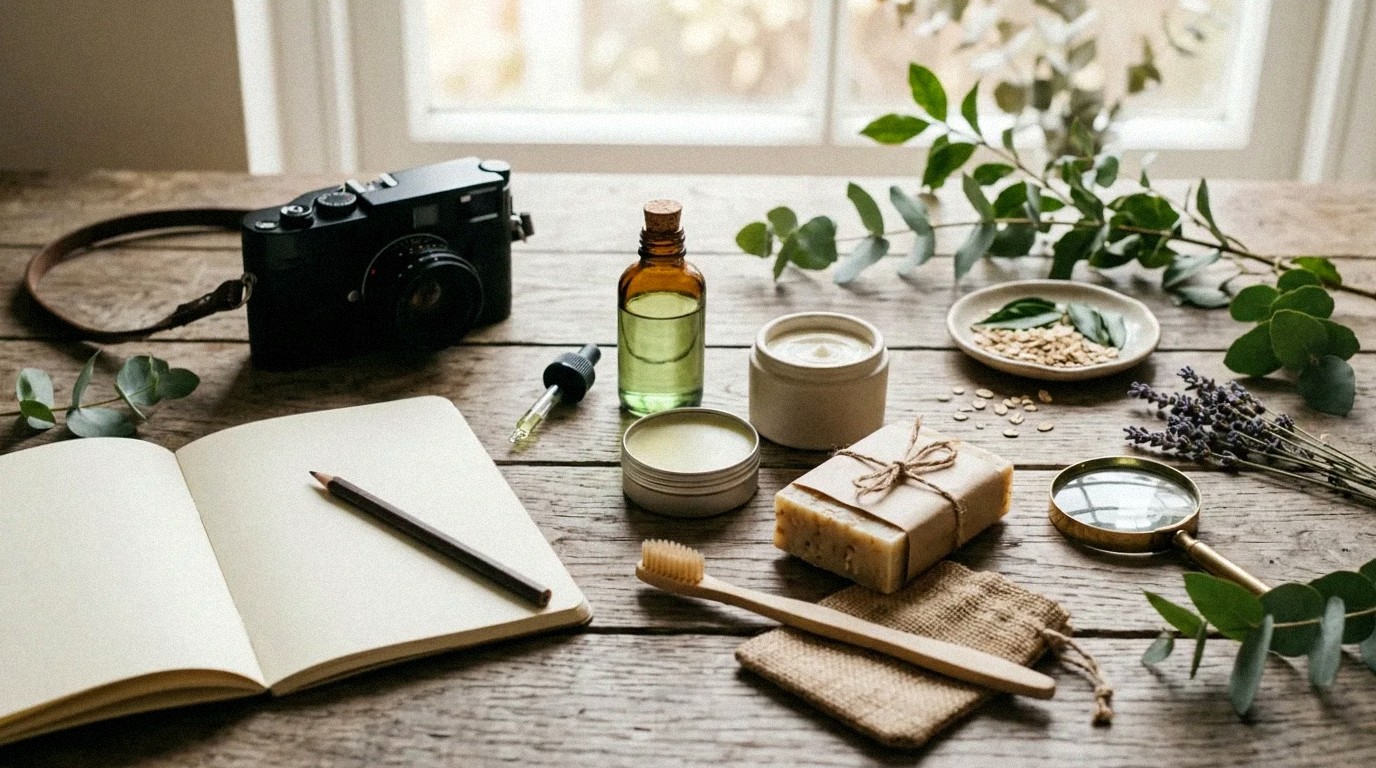 Pracovný stôl s rozbalenými produktmi, fotoaparátom a notebookom pripravený na testovanie
