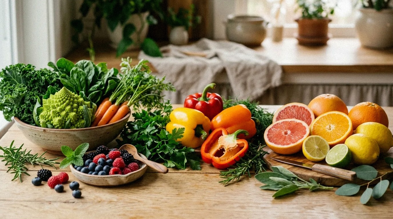 Pestrá ponuka farebného ovocia a zeleniny ako prírodný zdroj vitamínov