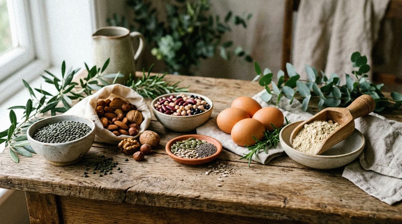 Pohár proteínového šejku vedľa odmerky s práškom a činky na svetlom stole