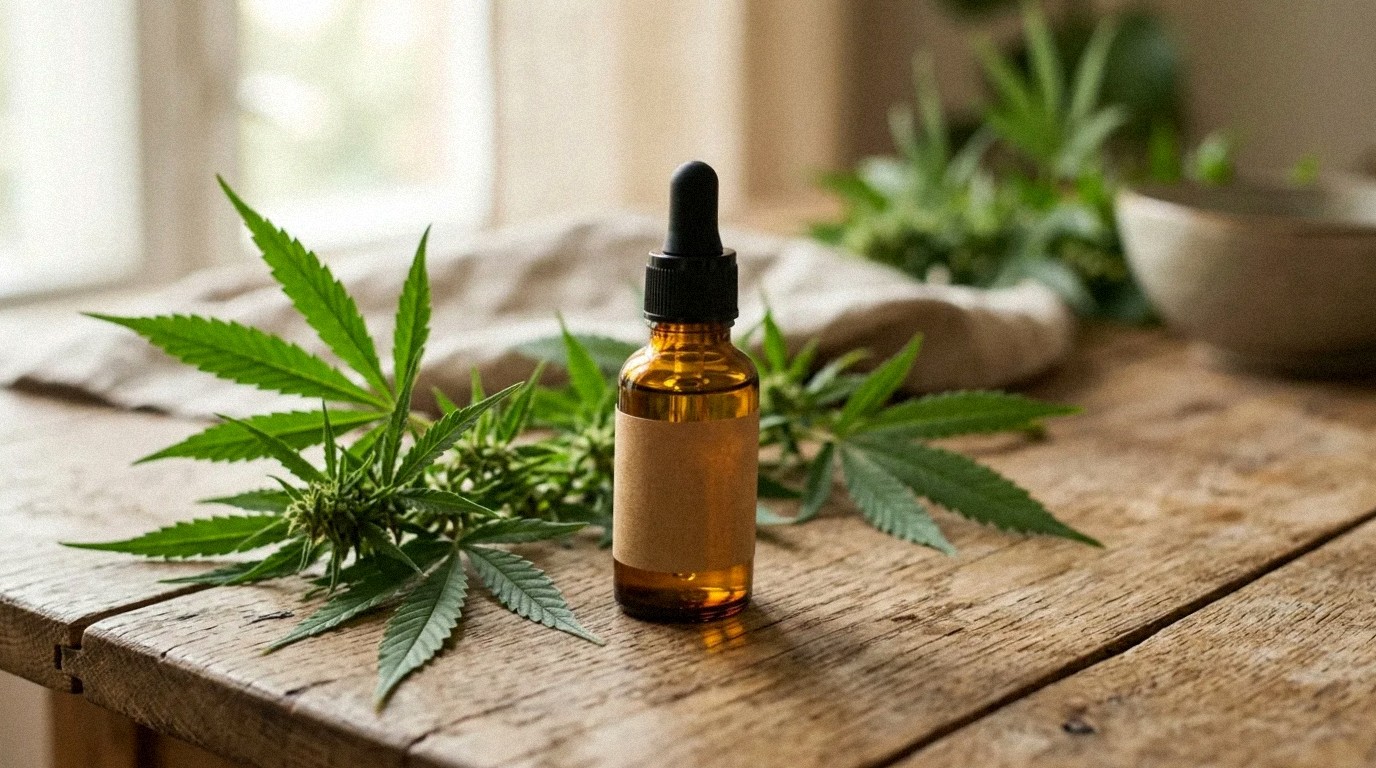 Sklenená fľaštička CBD oleja s kvapkadlom na svetlom drevenom stole vedľa konopného listu